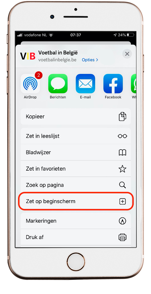 Klik op zet op beginscherm