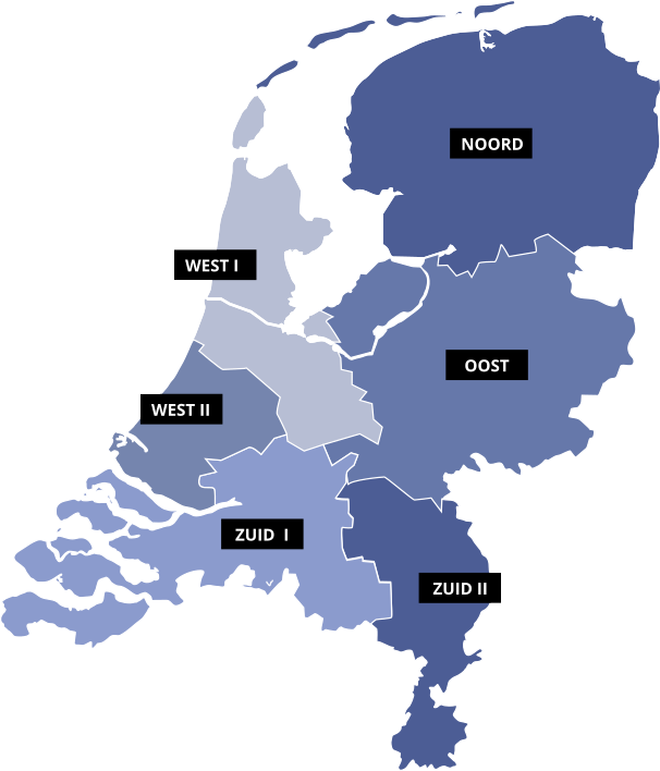 Kaart van Nederland met de 6 districten