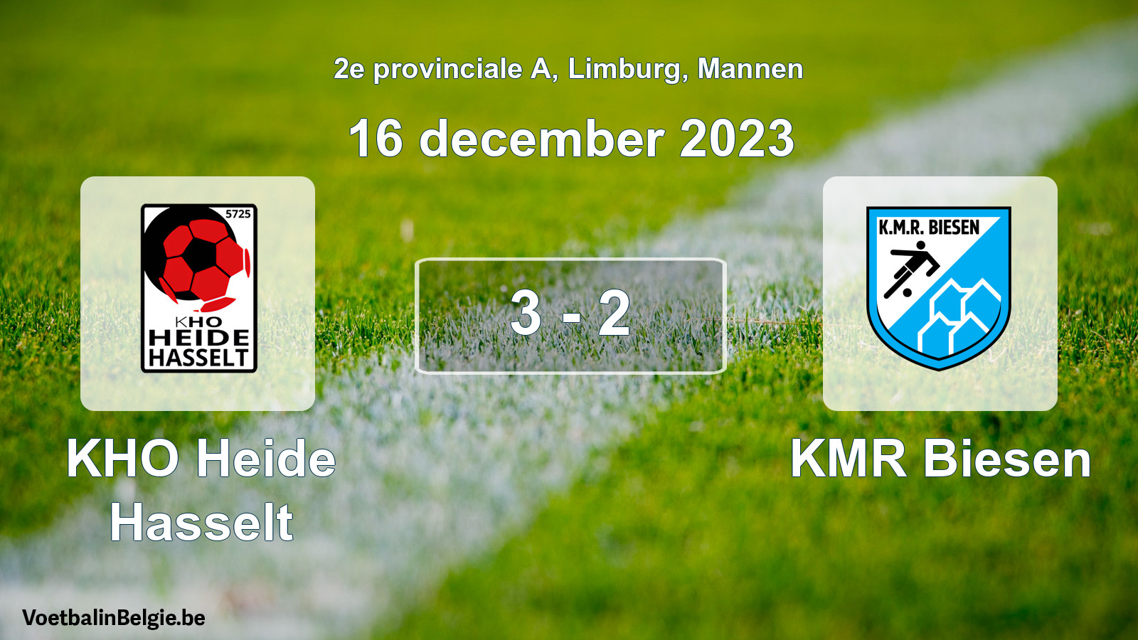 Gespeelde wedstrijd mannenvoetbal: KHO Heide Hasselt - KMR Biesen 3 - 2 (16 december 2023)