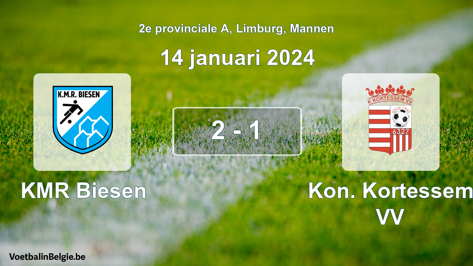 Gespeelde wedstrijd mannenvoetbal: KMR Biesen - Kon. Kortessem VV 2 - 1 (14 januari 2024)