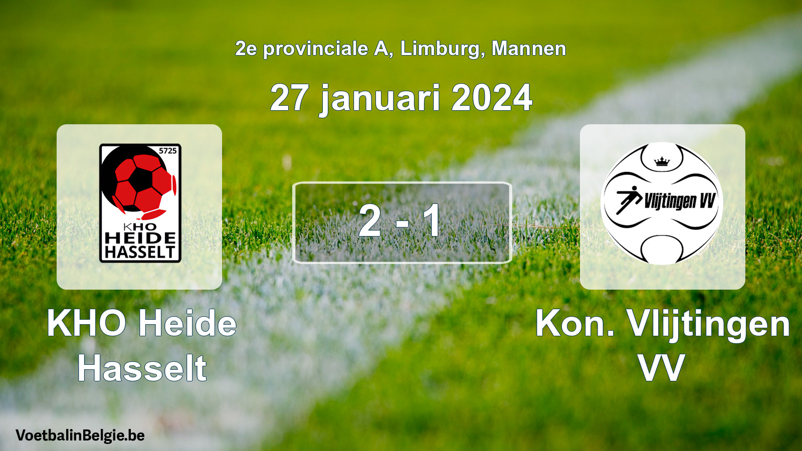 Gespeelde wedstrijd mannenvoetbal: KHO Heide Hasselt - Kon. Vlijtingen VV 2 - 1 (27 januari 2024)