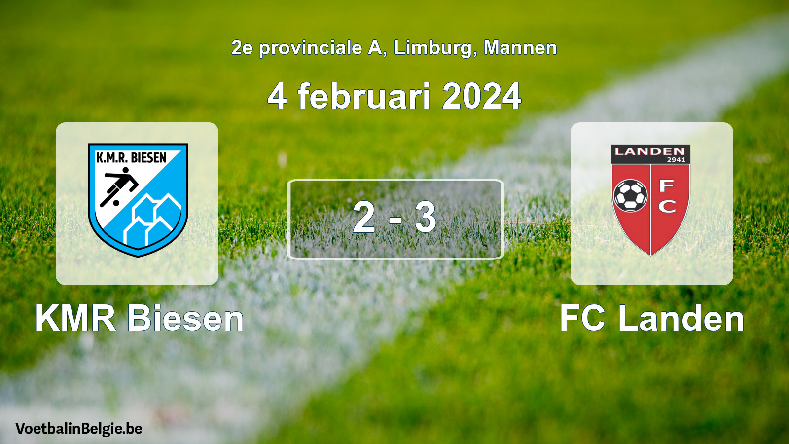 Gespeelde wedstrijd mannenvoetbal: KMR Biesen - FC Landen 2 - 3 (4 februari 2024)