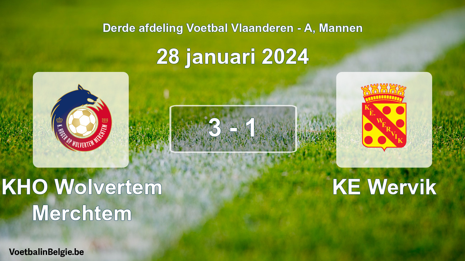 Gespeelde wedstrijd mannenvoetbal: KHO Wolvertem Merchtem - KE Wervik 3 - 1 (28 januari 2024)