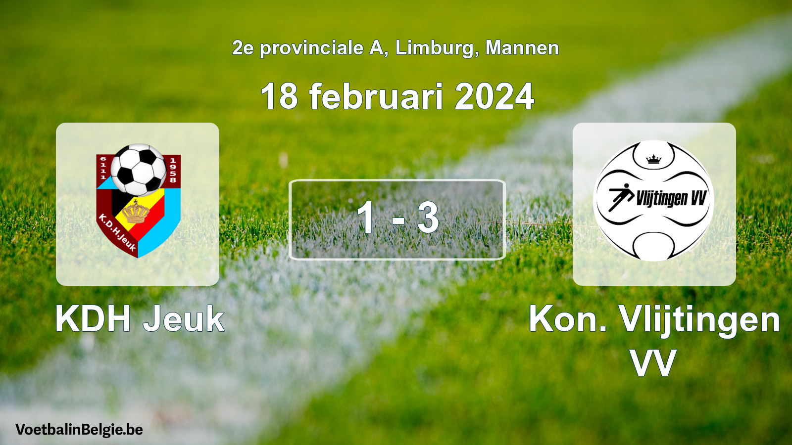 Gespeelde wedstrijd mannenvoetbal: KDH Jeuk - Kon. Vlijtingen VV 1 - 3 (18 februari 2024)