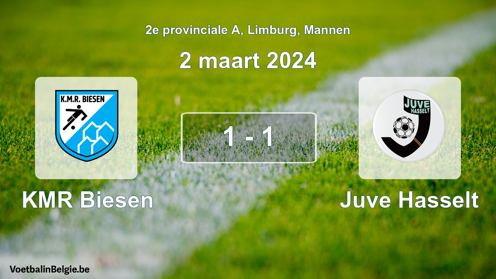 Gespeelde wedstrijd mannenvoetbal: KMR Biesen - Juve Hasselt 1 - 1 (2 maart 2024)