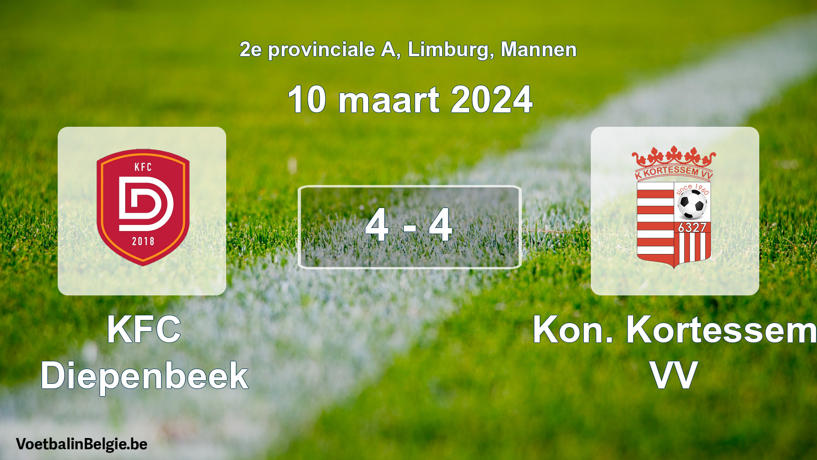 Gespeelde wedstrijd mannenvoetbal: KFC Diepenbeek - Kon. Kortessem VV 4 - 4 (10 maart 2024)