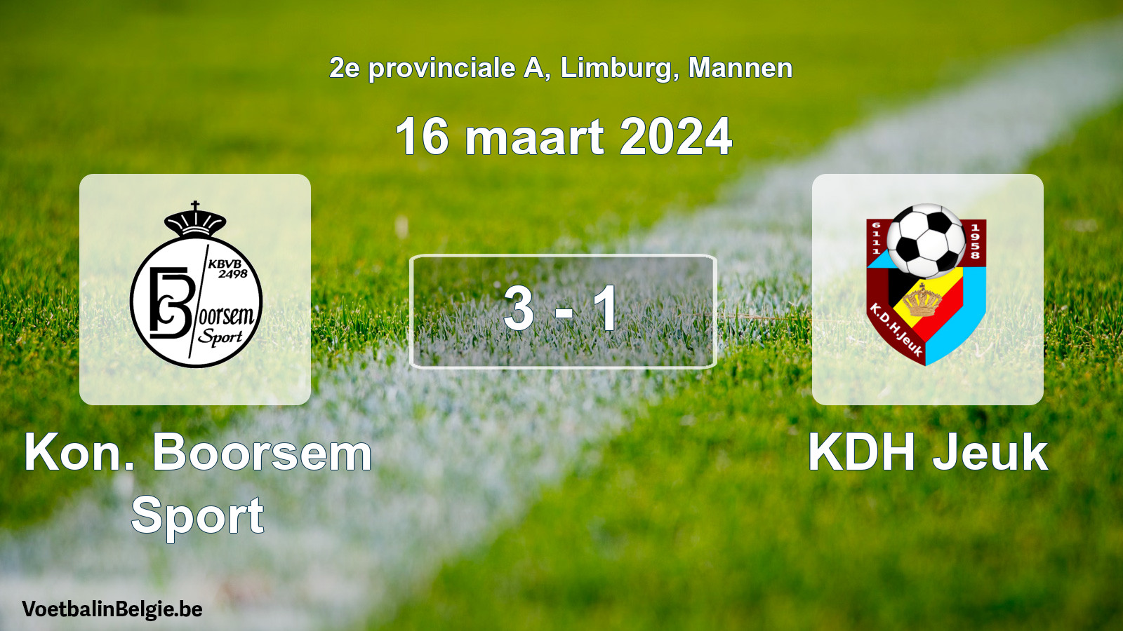Gespeelde wedstrijd mannenvoetbal: Kon. Boorsem Sport - KDH Jeuk 3 - 1 (16 maart 2024)