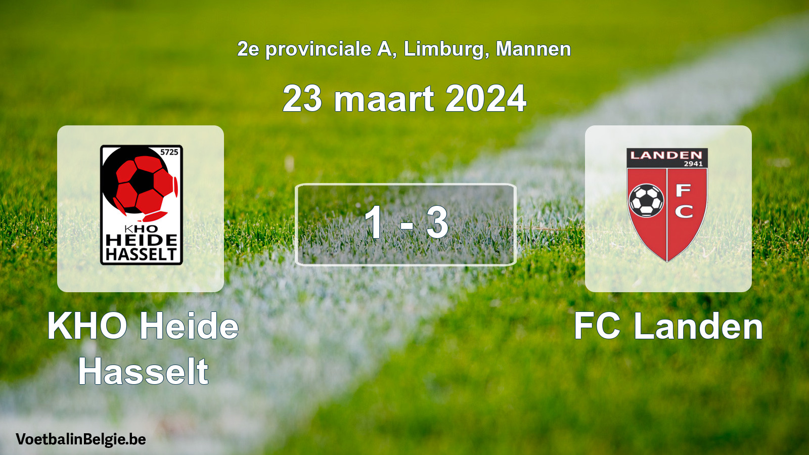 Gespeelde wedstrijd mannenvoetbal: KHO Heide Hasselt - FC Landen 1 - 3 (23 maart 2024)