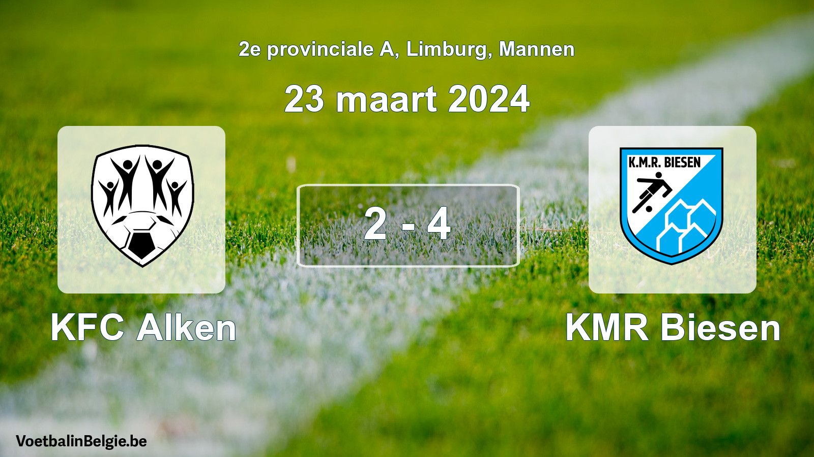 Gespeelde wedstrijd mannenvoetbal: KFC Alken - KMR Biesen 2 - 4 (23 maart 2024)