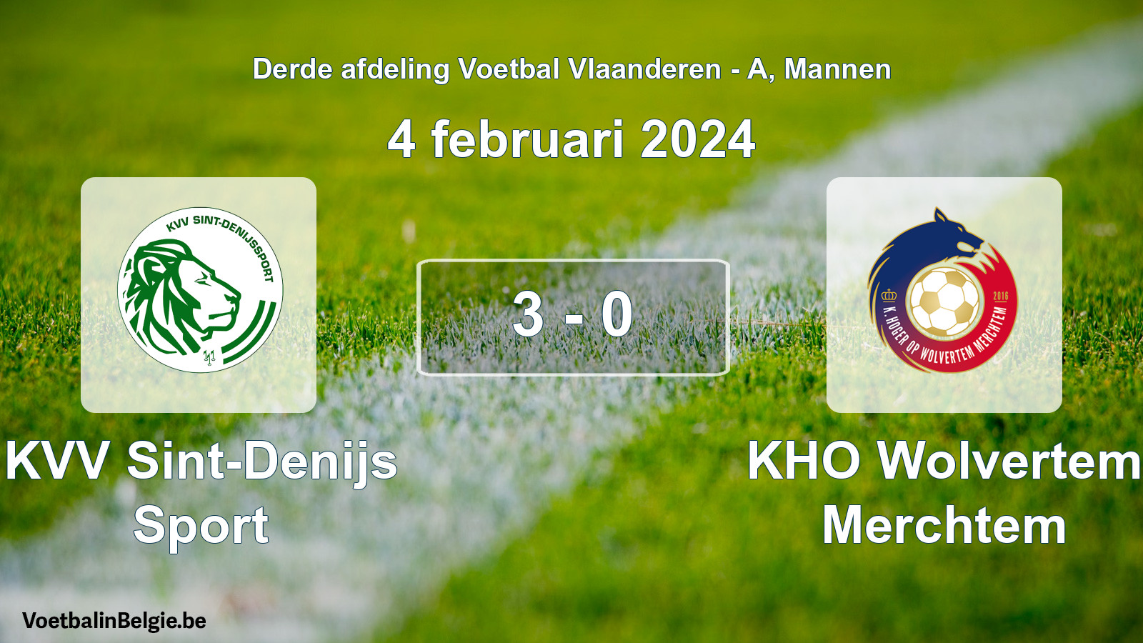 Gespeelde wedstrijd mannenvoetbal: KVV Sint-Denijs Sport - KHO Wolvertem Merchtem 3 - 0 (4 februari 2024)