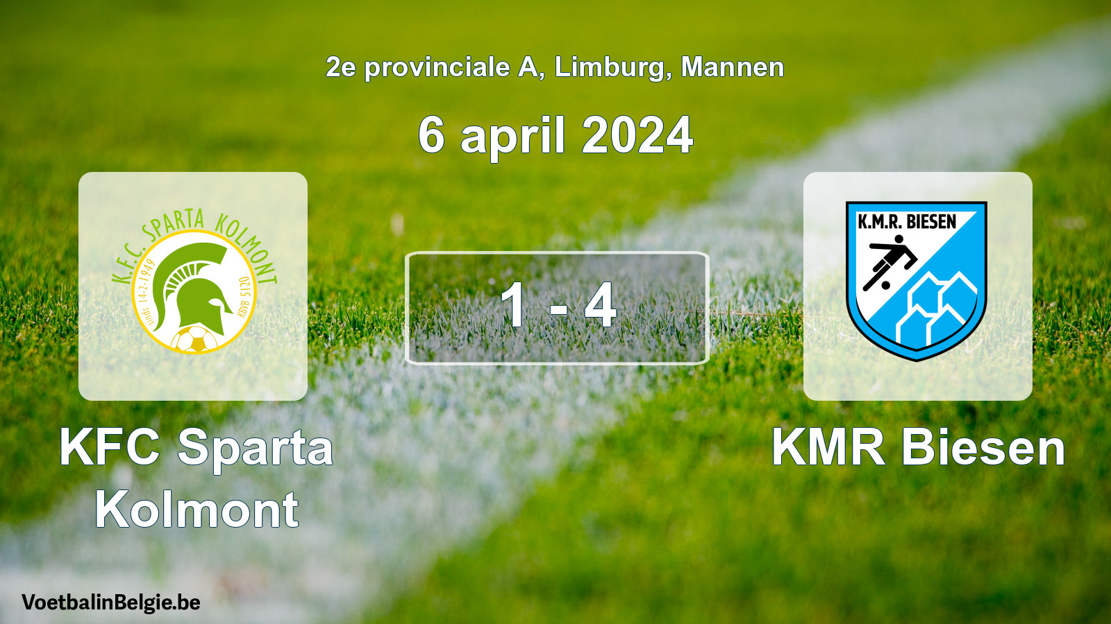 Gespeelde wedstrijd mannenvoetbal: KFC Sparta Kolmont - KMR Biesen 1 - 4 (6 april 2024)