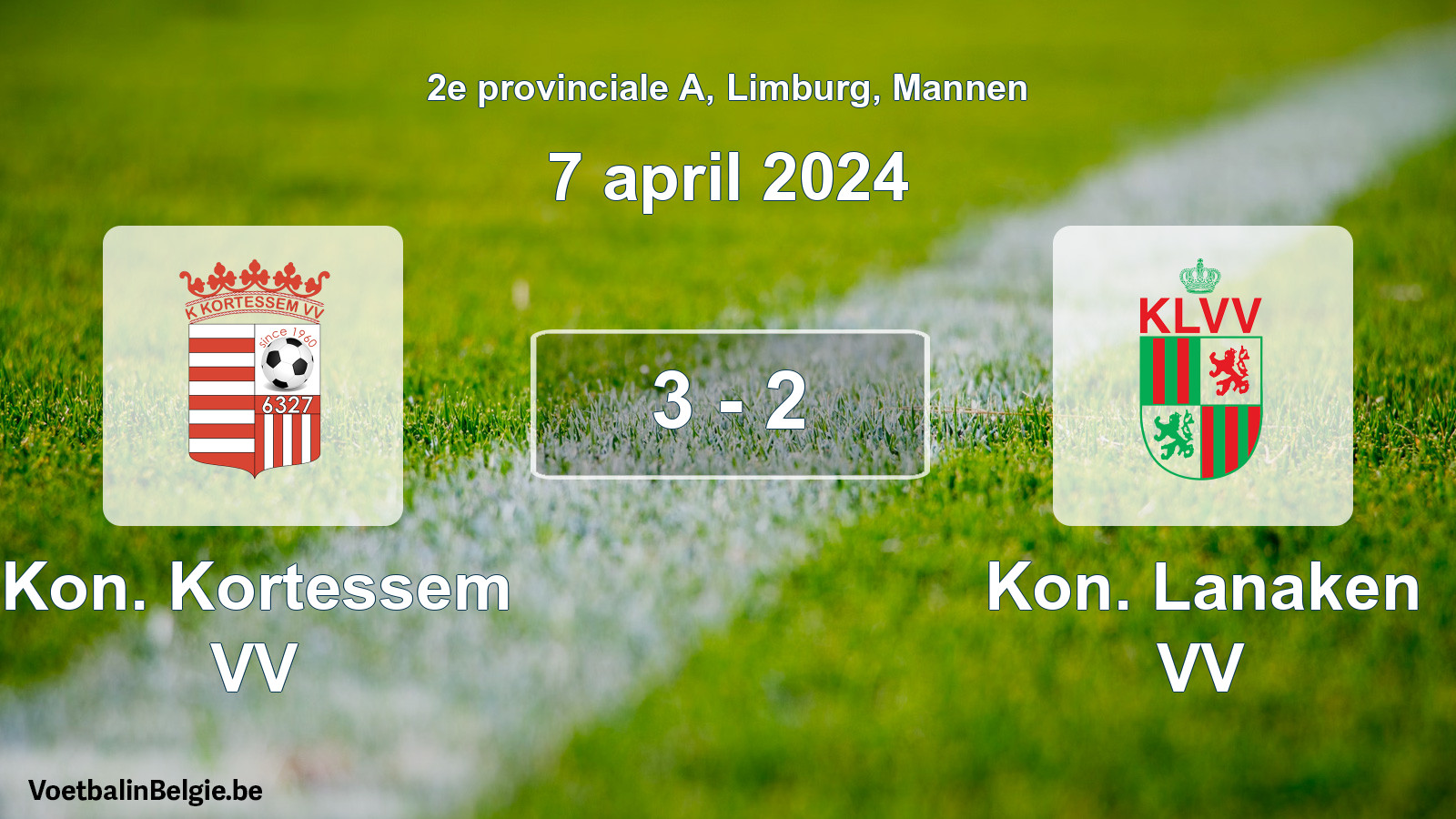 Gespeelde wedstrijd mannenvoetbal: Kon. Kortessem VV - Kon. Lanaken VV 3 - 2 (7 april 2024)