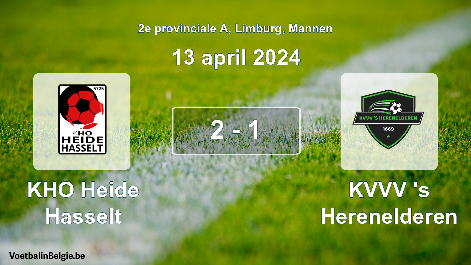 Gespeelde wedstrijd mannenvoetbal: KHO Heide Hasselt - KVVV 's Herenelderen 2 - 1 (13 april 2024)