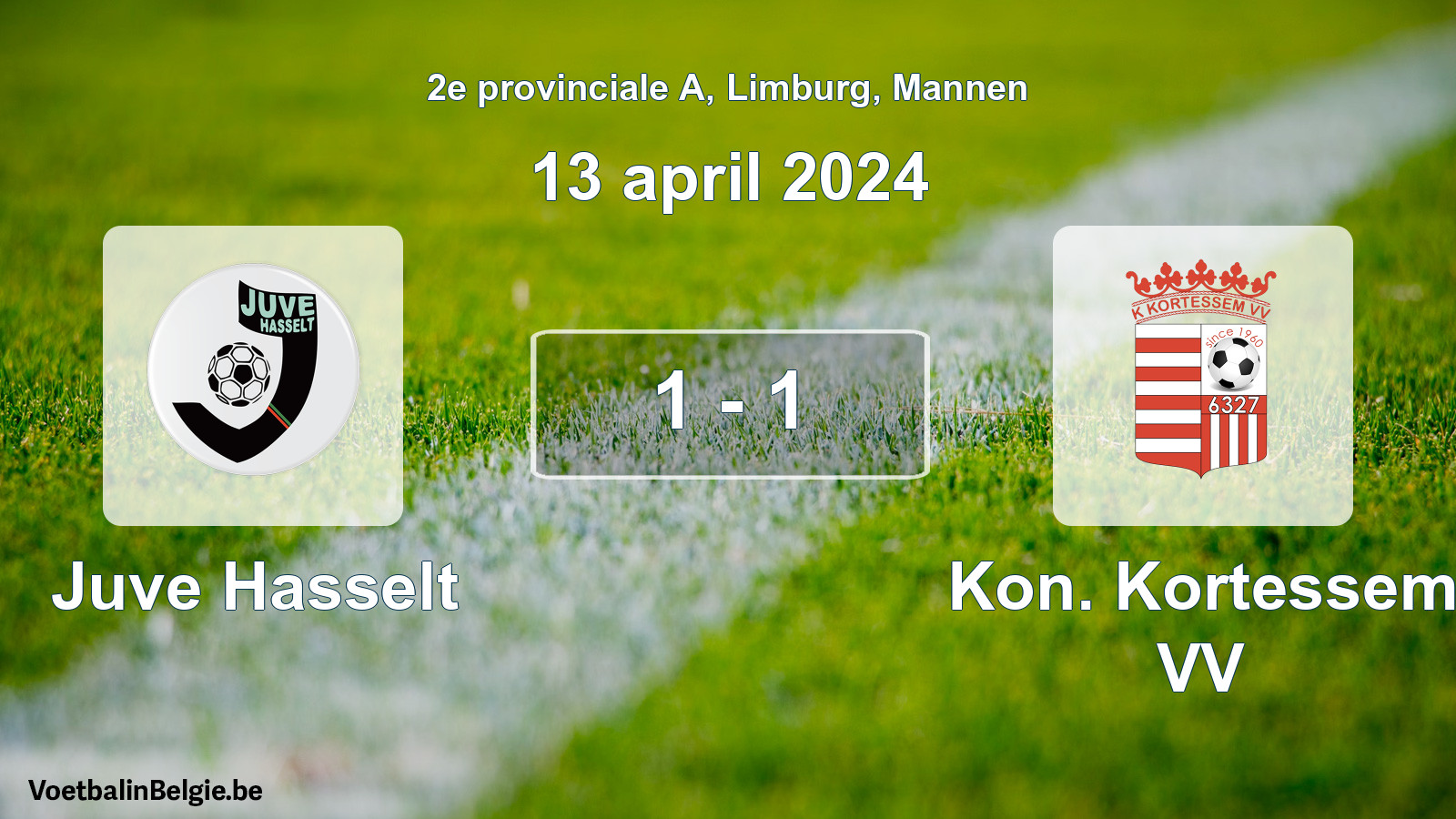 Gespeelde wedstrijd mannenvoetbal: Juve Hasselt - Kon. Kortessem VV 1 - 1 (13 april 2024)