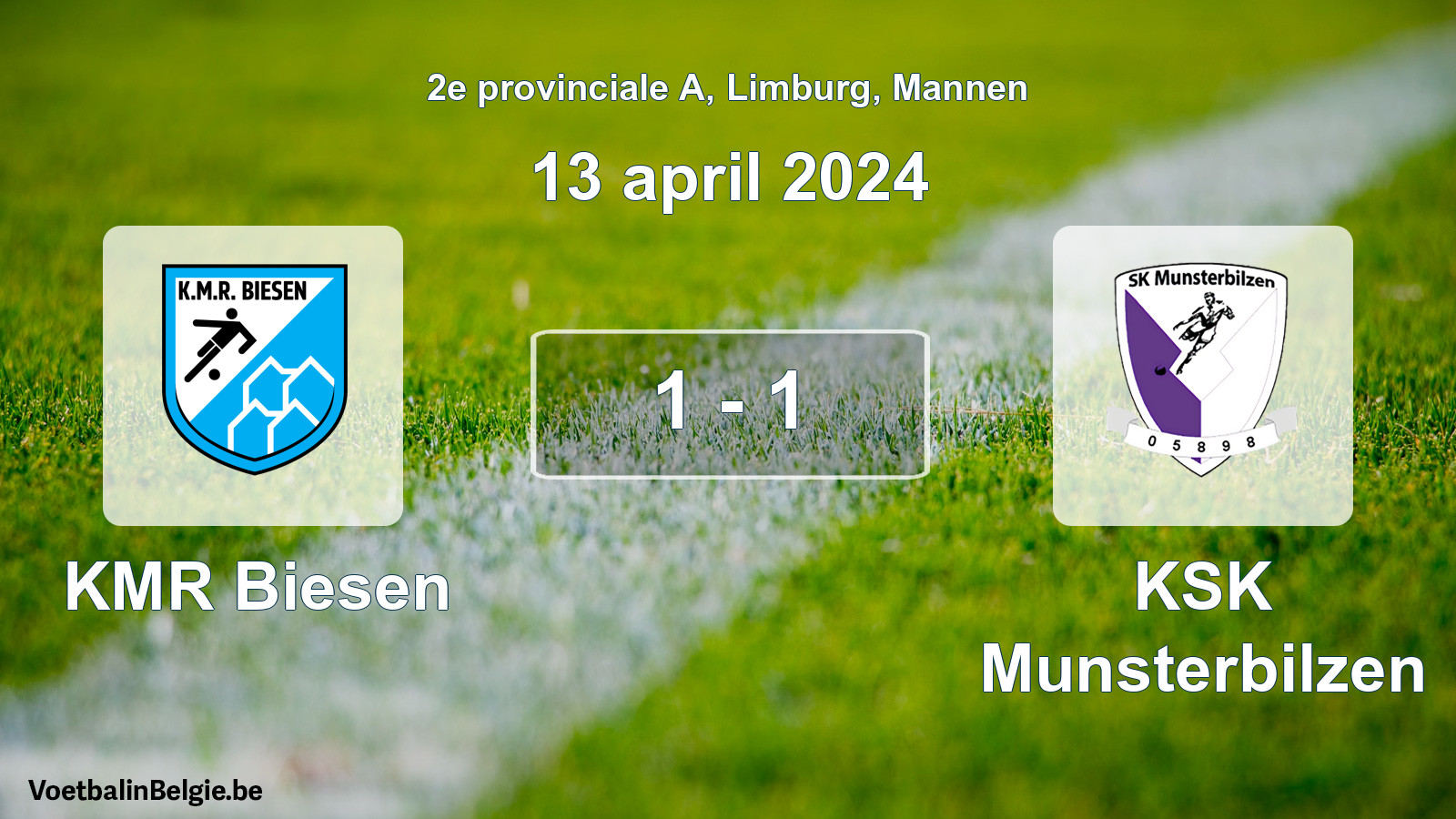 Gespeelde wedstrijd mannenvoetbal: KMR Biesen - KSK Munsterbilzen 1 - 1 (13 april 2024)