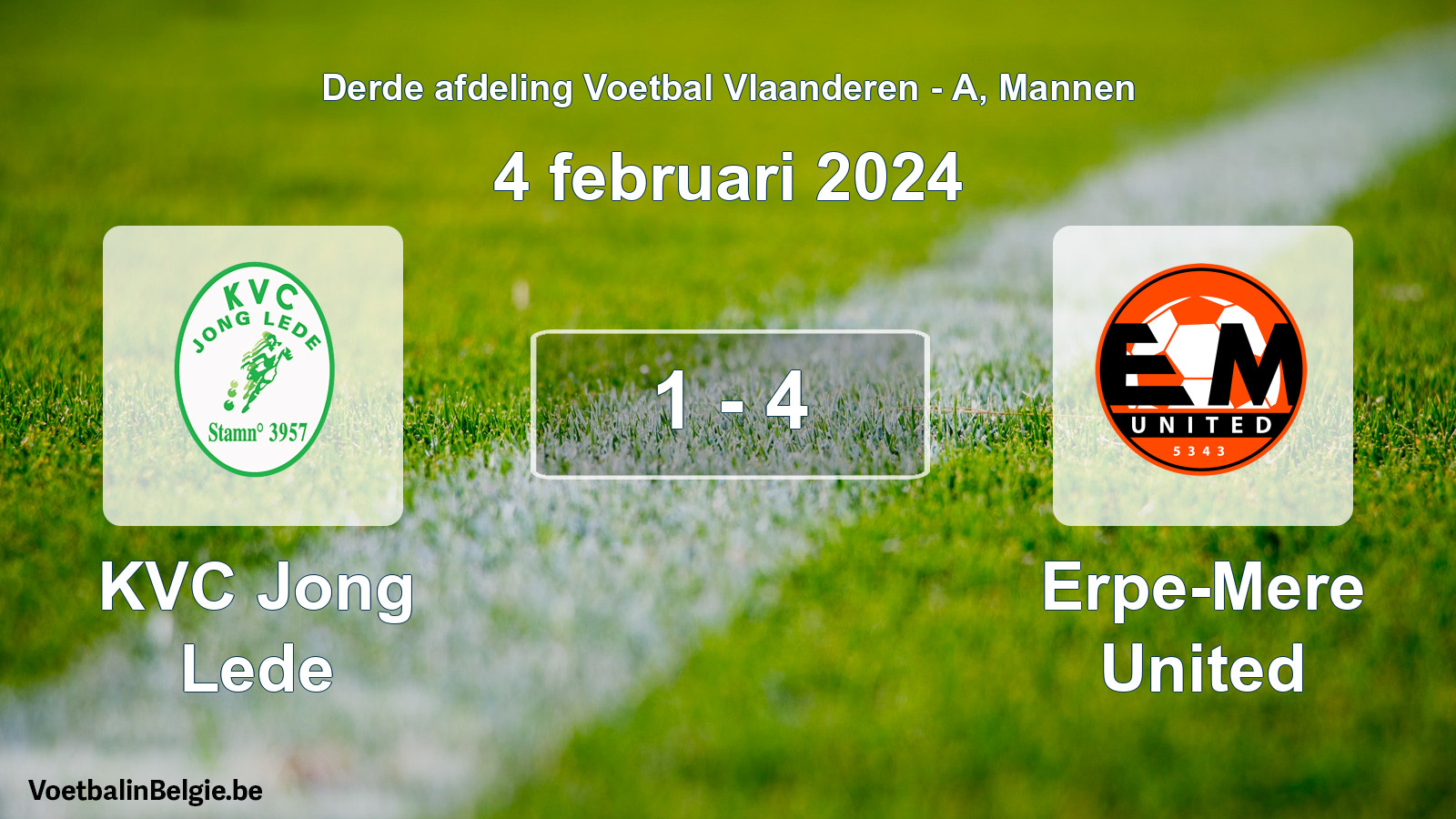 Gespeelde wedstrijd mannenvoetbal: KVC Jong Lede - Erpe-Mere United 1 - 4 (4 februari 2024)
