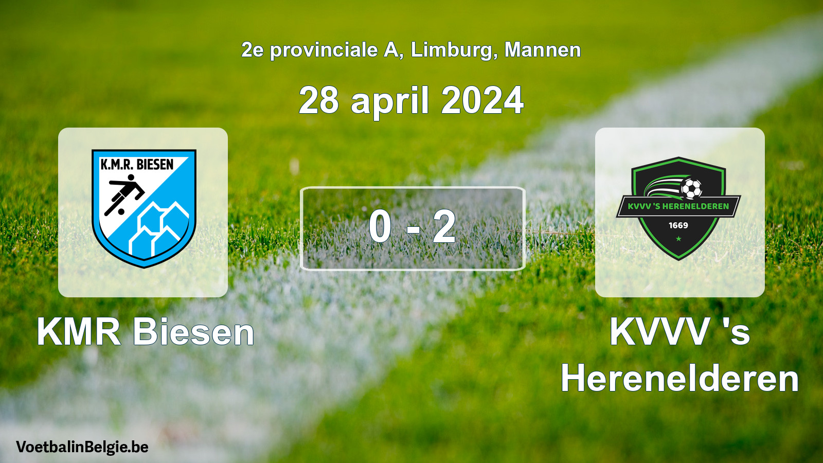 Gespeelde wedstrijd mannenvoetbal: KMR Biesen - KVVV 's Herenelderen 0 - 2 (28 april 2024)