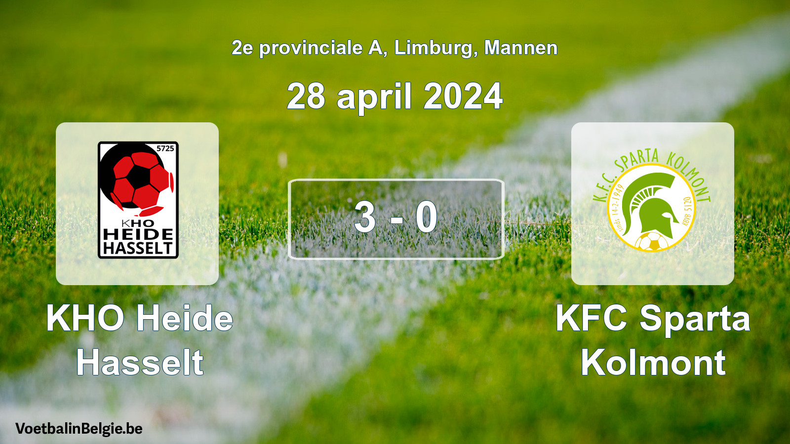 Gespeelde wedstrijd mannenvoetbal: KHO Heide Hasselt - KFC Sparta Kolmont 3 - 0 (28 april 2024)