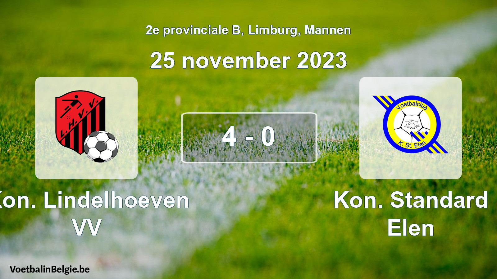Gespeelde wedstrijd mannenvoetbal: Kon. Lindelhoeven VV - Kon. Standard Elen 4 - 0 (25 november 2023)