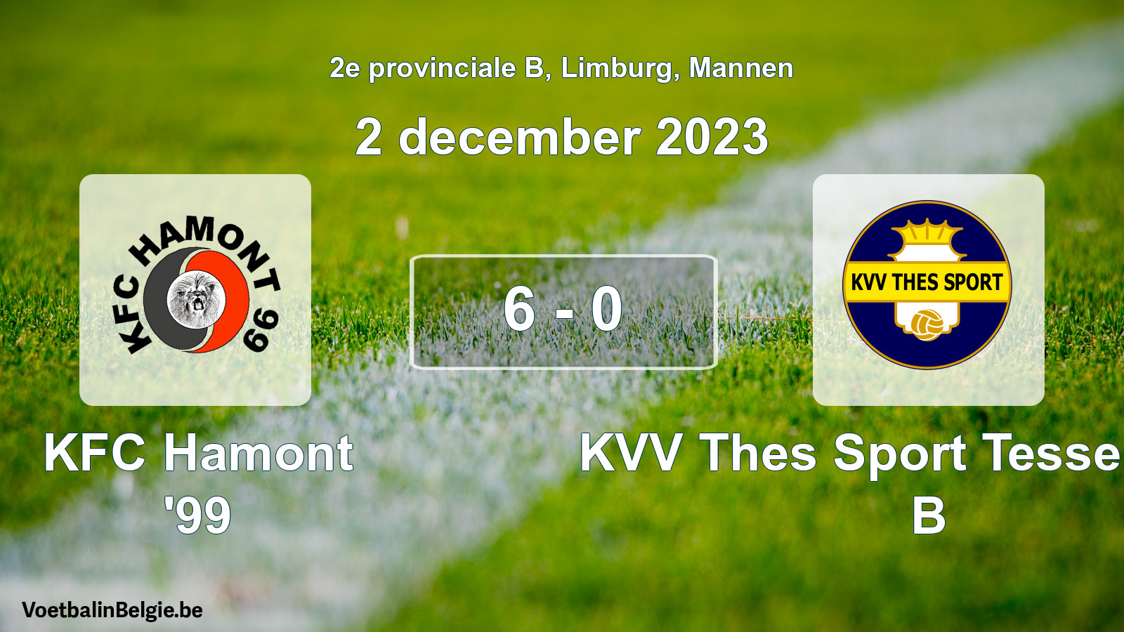 Gespeelde wedstrijd mannenvoetbal: KFC Hamont '99 - KVV Thes Sport Tessenderlo B 6 - 0 (2 december 2023)