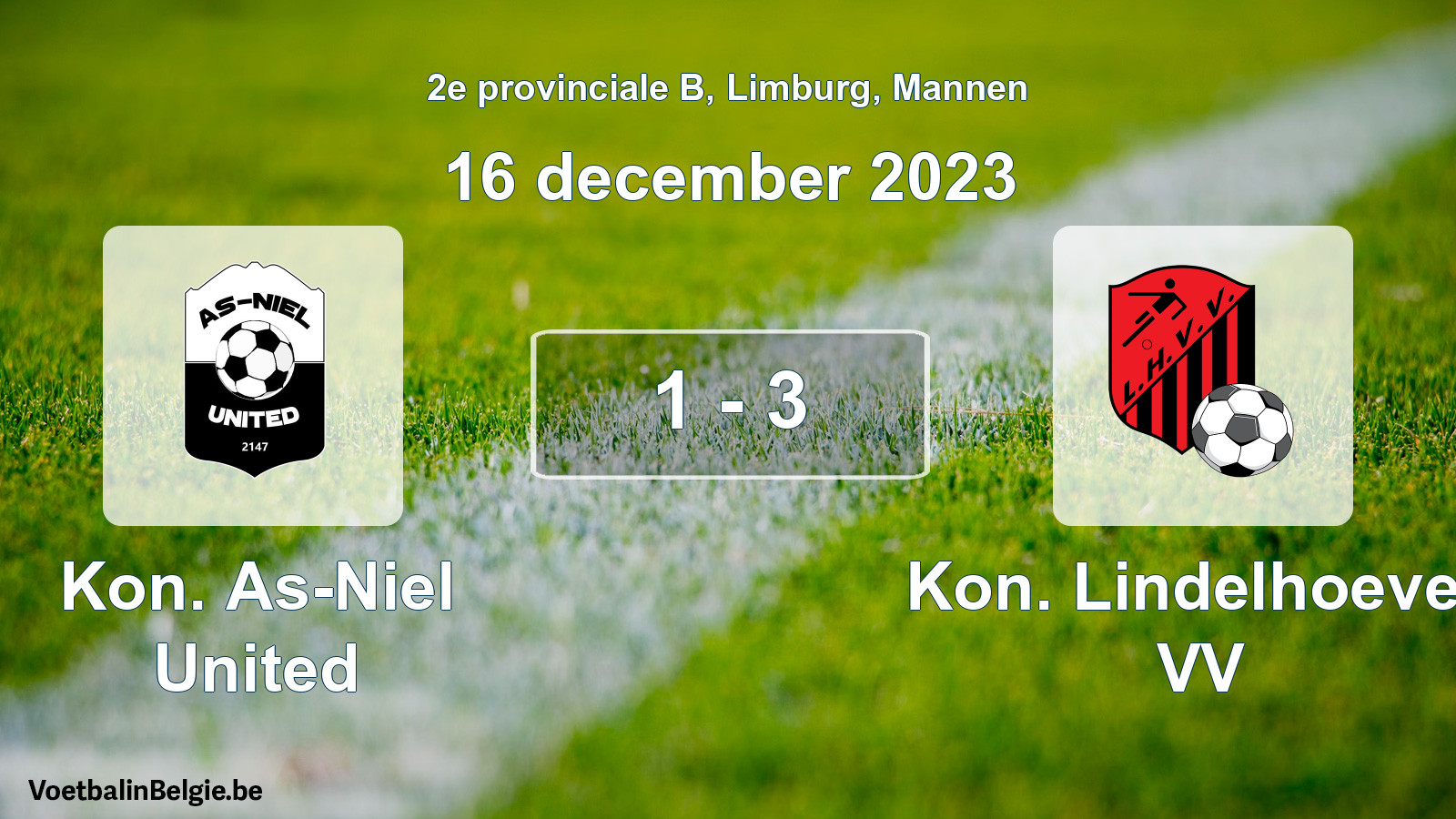 Gespeelde wedstrijd mannenvoetbal: Kon. As-Niel United - Kon. Lindelhoeven VV 1 - 3 (16 december 2023)