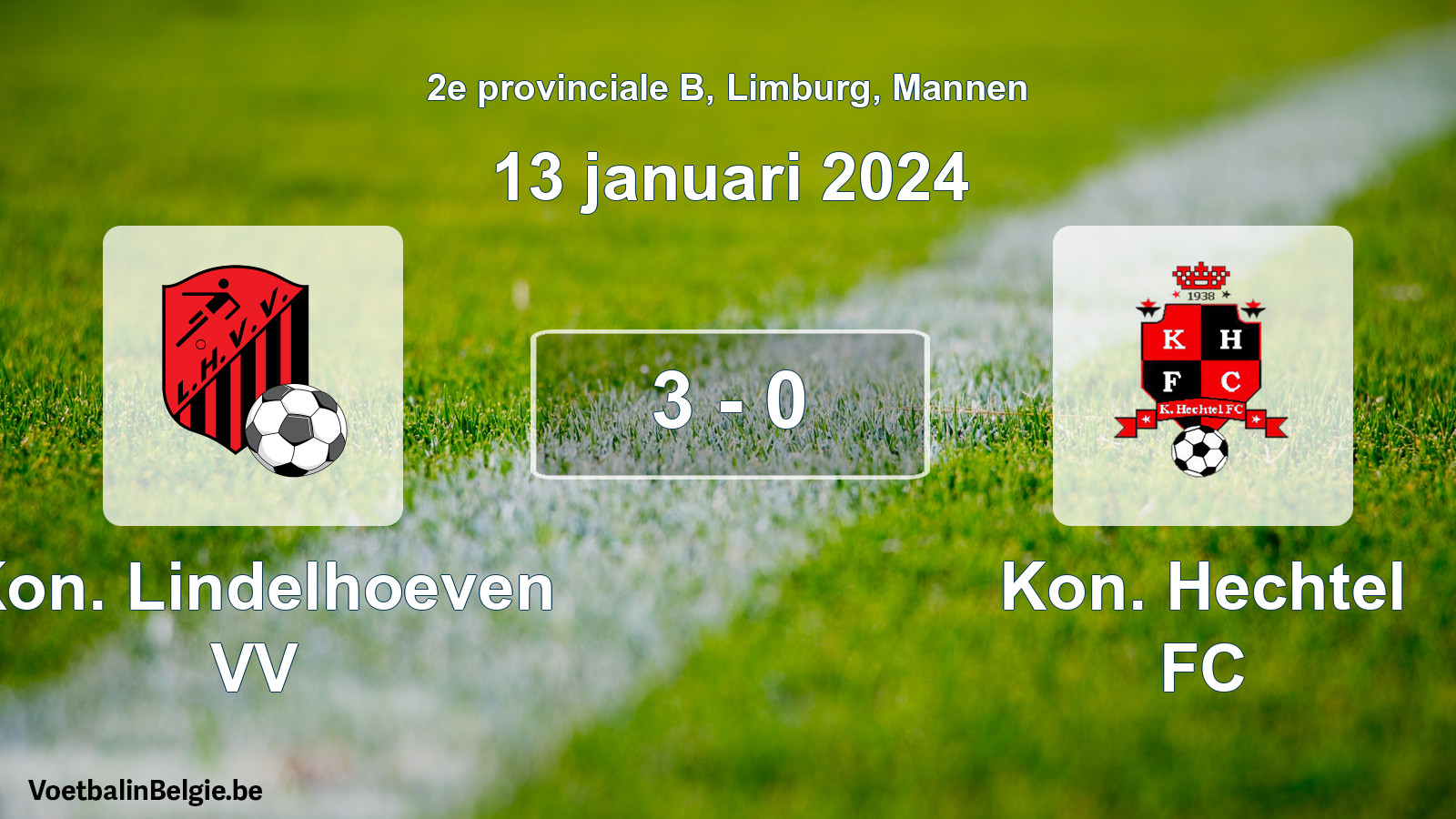 Gespeelde wedstrijd mannenvoetbal: Kon. Lindelhoeven VV - Kon. Hechtel FC 3 - 0 (13 januari 2024)