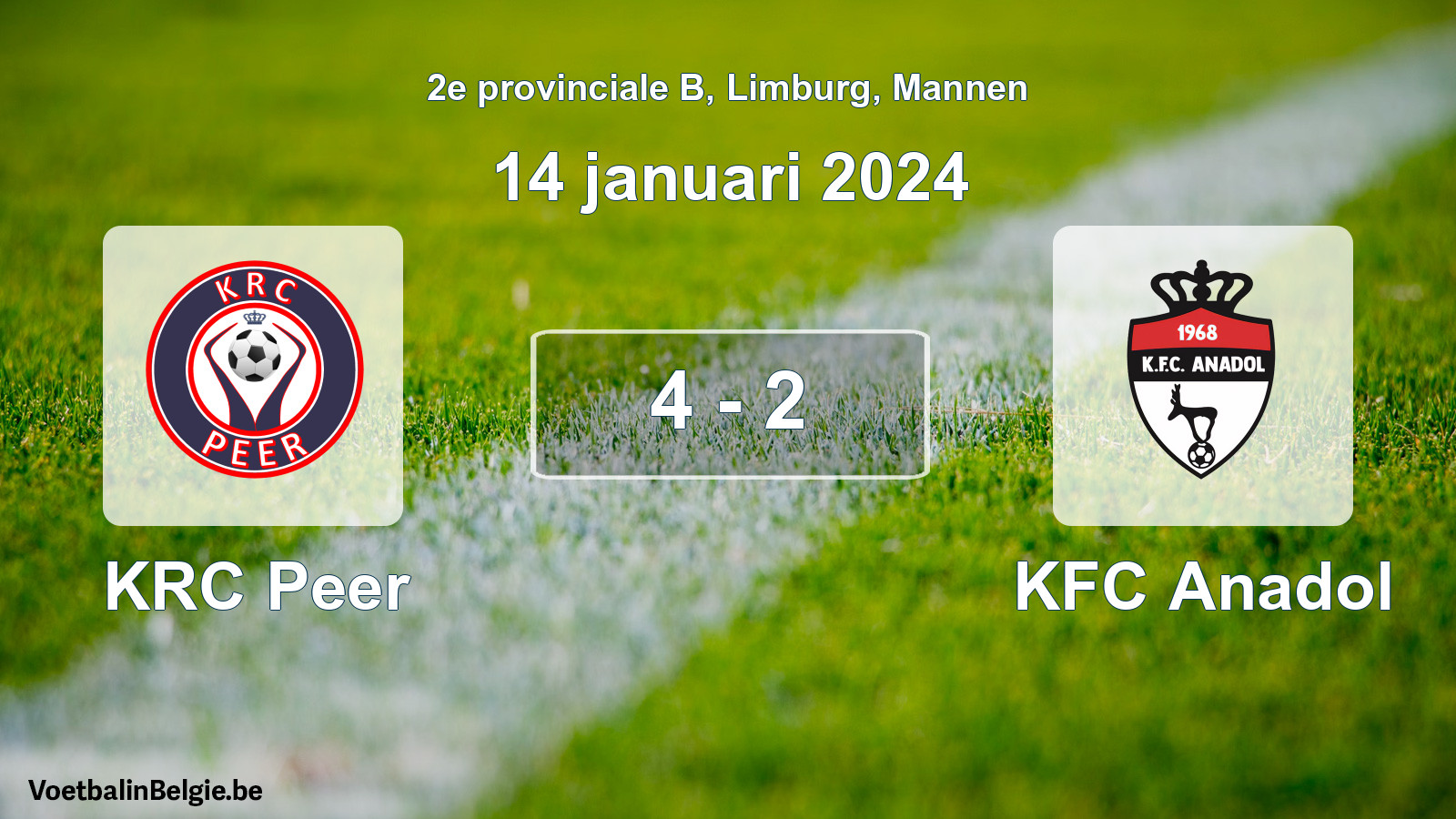 Gespeelde wedstrijd mannenvoetbal: KRC Peer - KFC Anadol 4 - 2 (14 januari 2024)