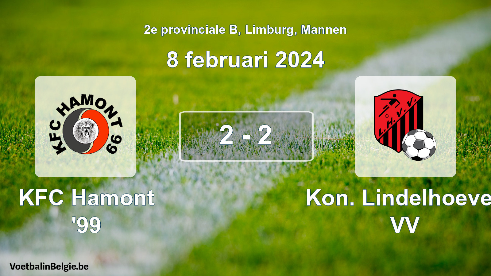 Gespeelde wedstrijd mannenvoetbal: KFC Hamont '99 - Kon. Lindelhoeven VV 2 - 2 (8 februari 2024)