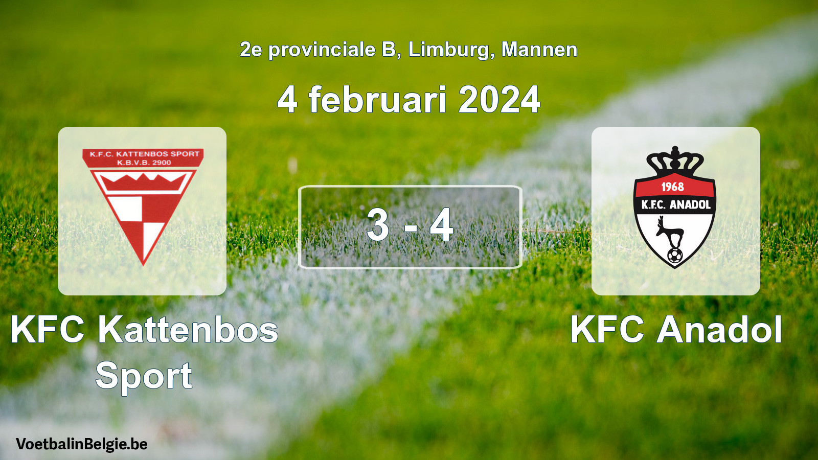 Gespeelde wedstrijd mannenvoetbal: KFC Kattenbos Sport - KFC Anadol 3 - 4 (4 februari 2024)