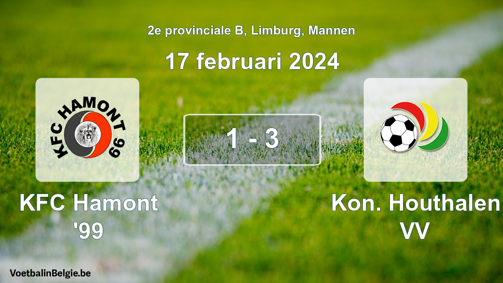 Gespeelde wedstrijd mannenvoetbal: KFC Hamont '99 - Kon. Houthalen VV 1 - 3 (17 februari 2024)