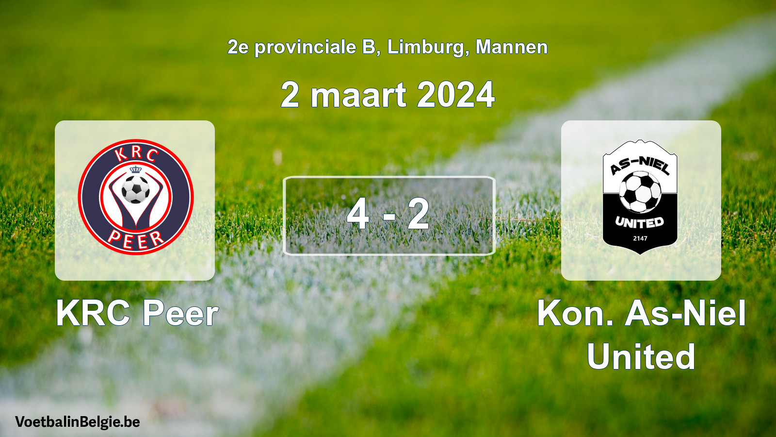 Gespeelde wedstrijd mannenvoetbal: KRC Peer - Kon. As-Niel United 4 - 2 (2 maart 2024)