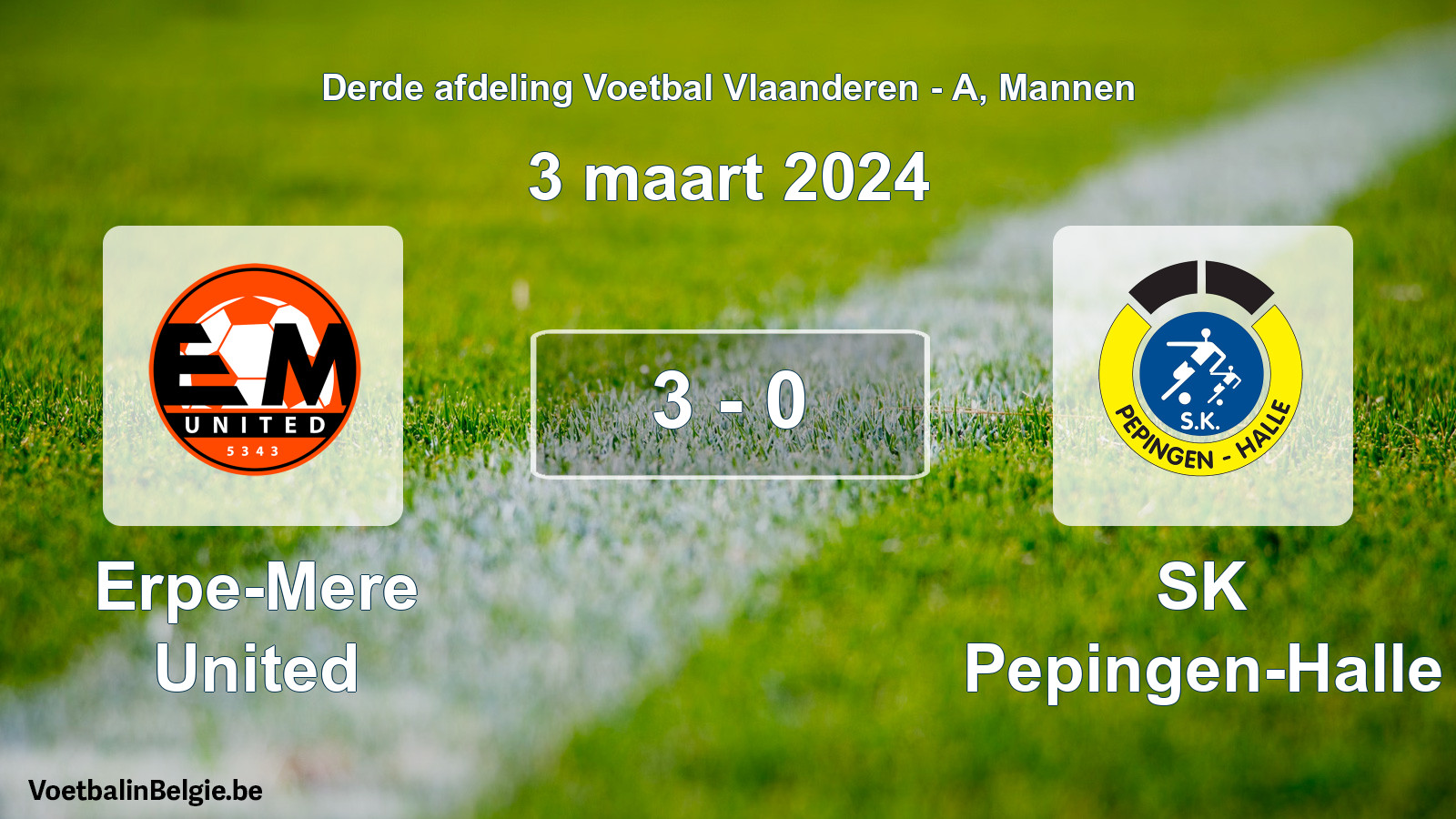 Gespeelde wedstrijd mannenvoetbal: Erpe-Mere United - SK Pepingen-Halle 3 - 0 (3 maart 2024)
