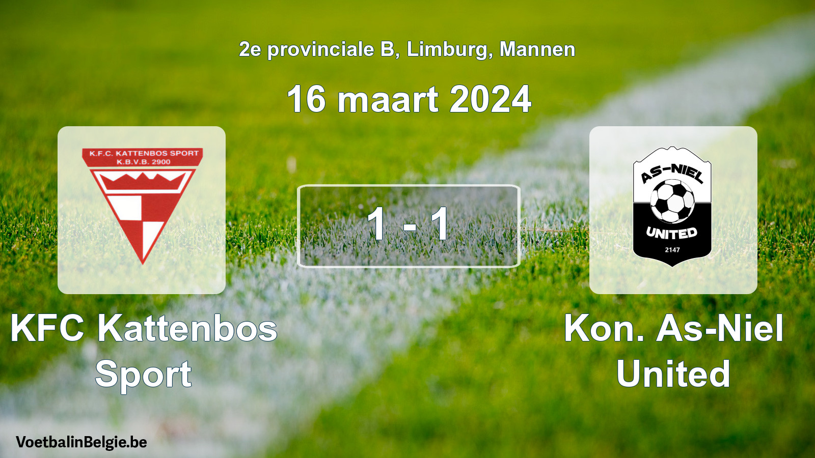 Gespeelde wedstrijd mannenvoetbal: KFC Kattenbos Sport - Kon. As-Niel United 1 - 1 (16 maart 2024)