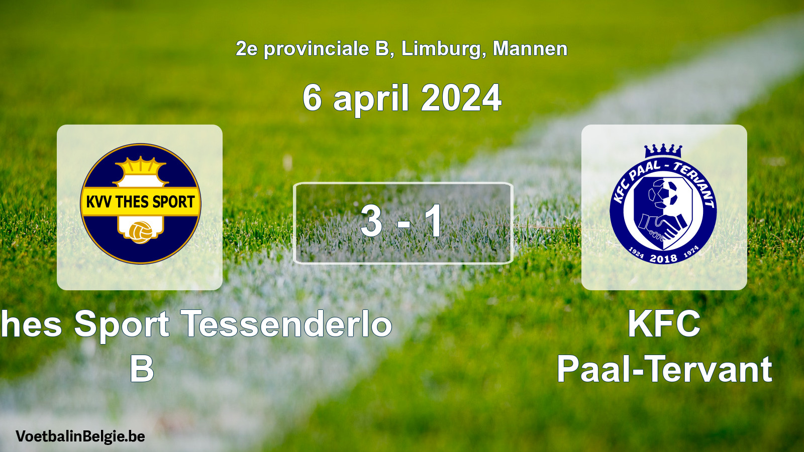 Gespeelde wedstrijd mannenvoetbal: KVV Thes Sport Tessenderlo B - KFC Paal-Tervant 3 - 1 (6 april 2024)