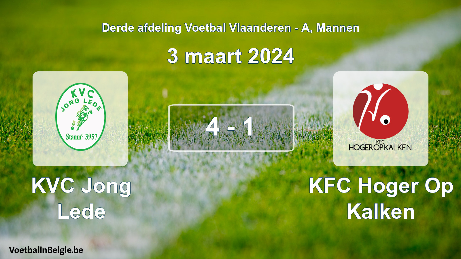 Gespeelde wedstrijd mannenvoetbal: KVC Jong Lede - KFC Hoger Op Kalken 4 - 1 (3 maart 2024)