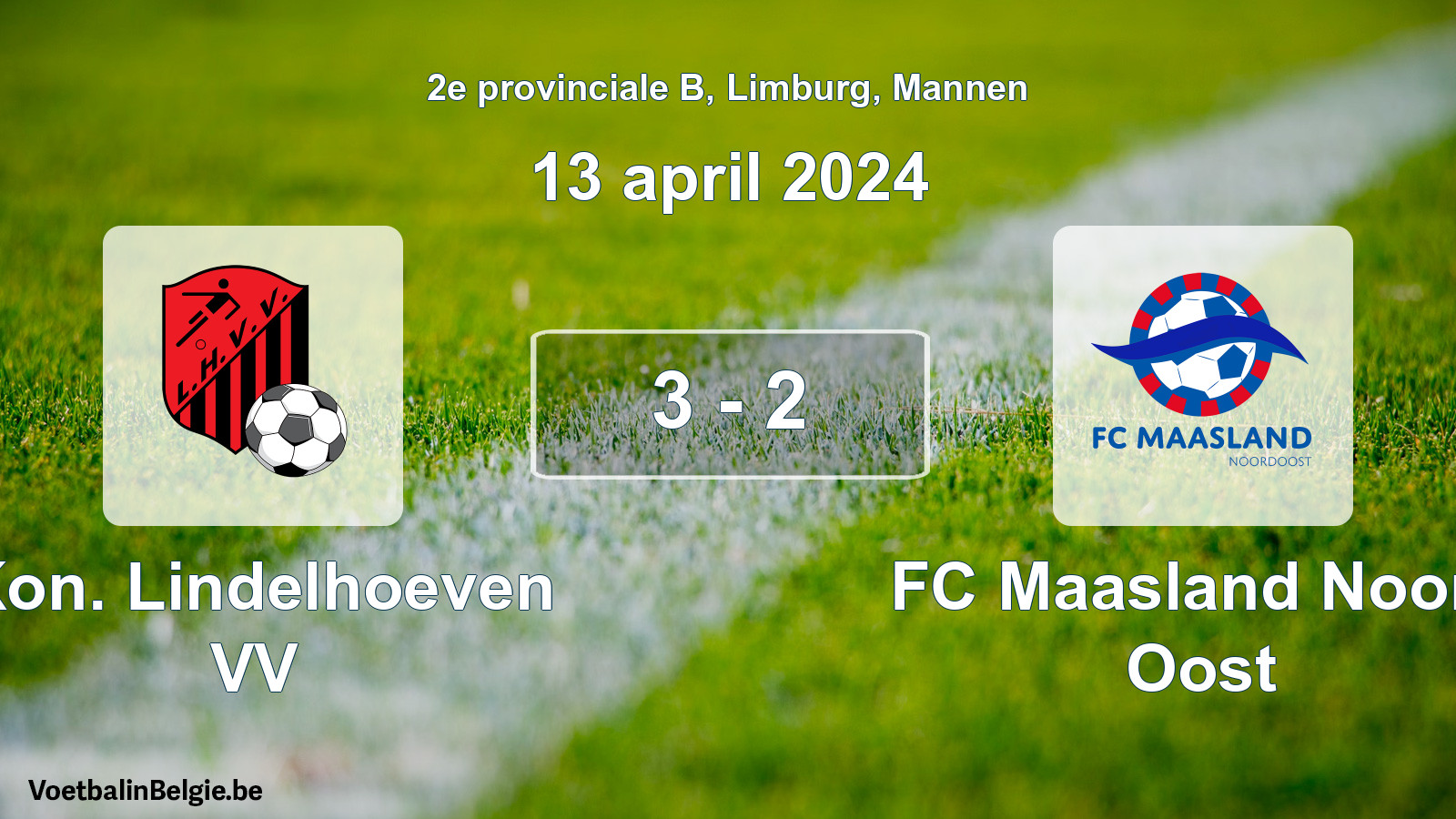 Gespeelde wedstrijd mannenvoetbal: Kon. Lindelhoeven VV - FC Maasland Noord Oost 3 - 2 (13 april 2024)