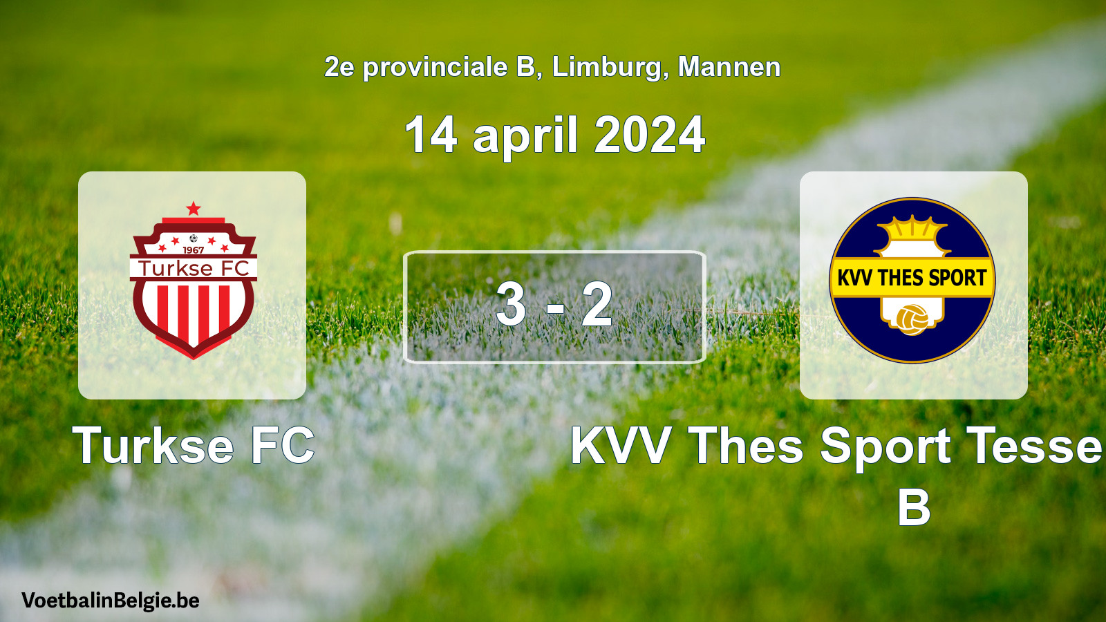 Gespeelde wedstrijd mannenvoetbal: Turkse FC - KVV Thes Sport Tessenderlo B 3 - 2 (14 april 2024)