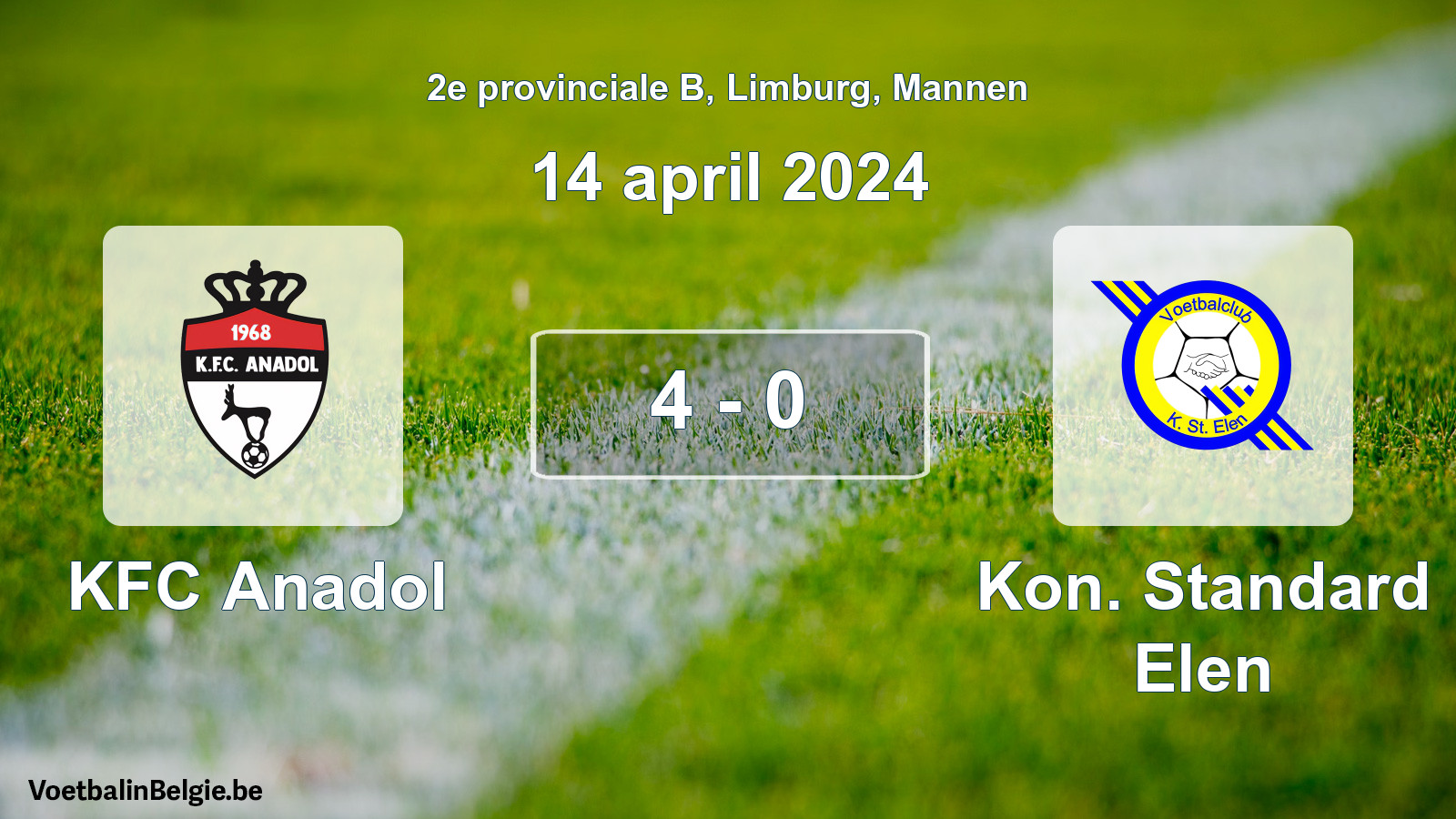 Gespeelde wedstrijd mannenvoetbal: KFC Anadol - Kon. Standard Elen 4 - 0 (14 april 2024)