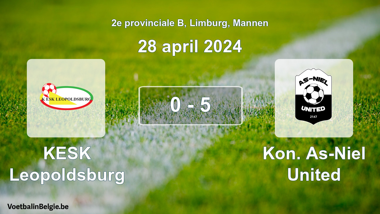 Gespeelde wedstrijd mannenvoetbal: KESK Leopoldsburg - Kon. As-Niel United 0 - 5 (28 april 2024)