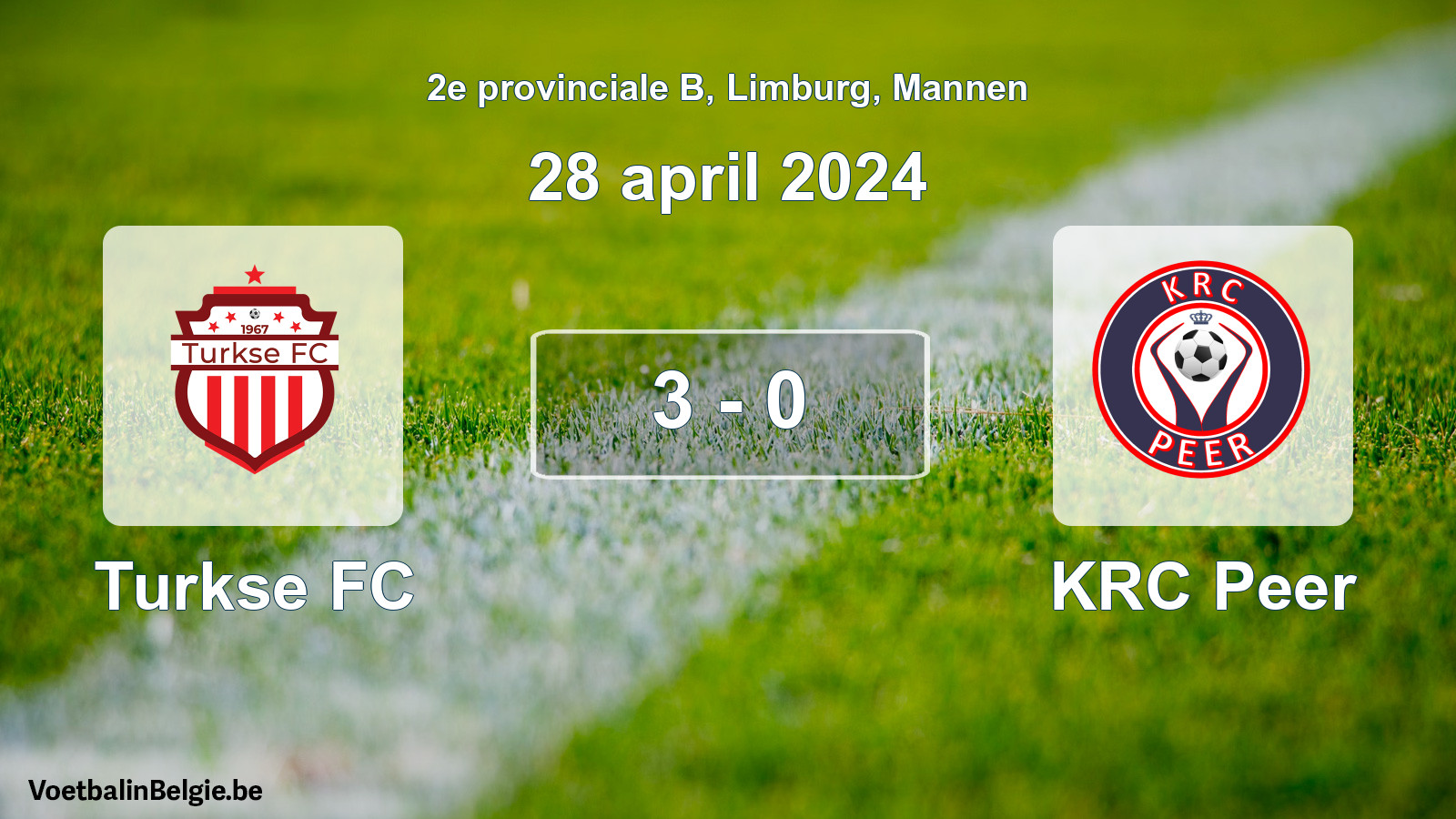 Gespeelde wedstrijd mannenvoetbal: Turkse FC - KRC Peer 3 - 0 (28 april 2024)