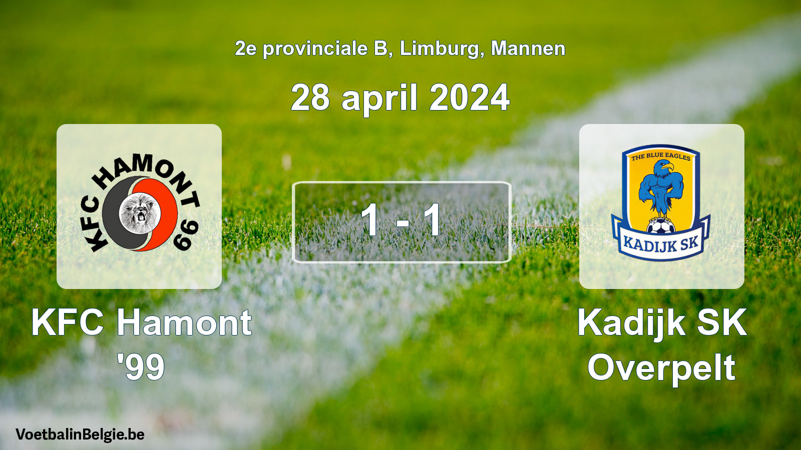 Gespeelde wedstrijd mannenvoetbal: KFC Hamont '99 - Kadijk SK Overpelt 1 - 1 (28 april 2024)