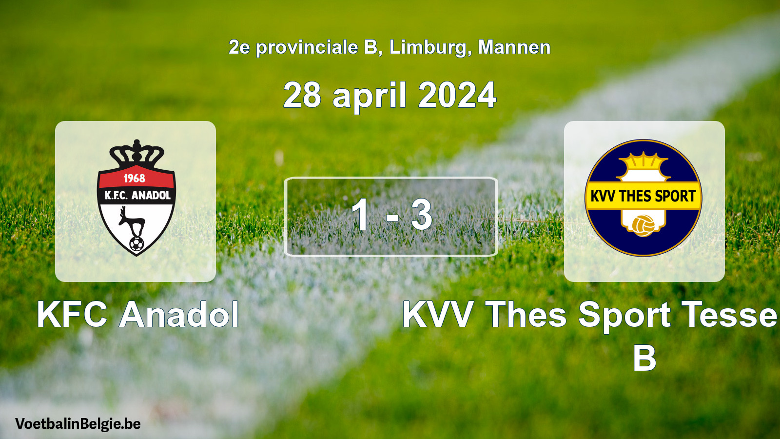 Gespeelde wedstrijd mannenvoetbal: KFC Anadol - KVV Thes Sport Tessenderlo B 1 - 3 (28 april 2024)