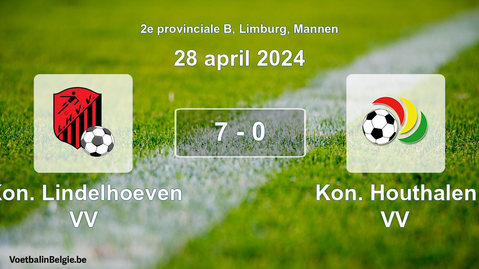 Gespeelde wedstrijd mannenvoetbal: Kon. Lindelhoeven VV - Kon. Houthalen VV 7 - 0 (28 april 2024)