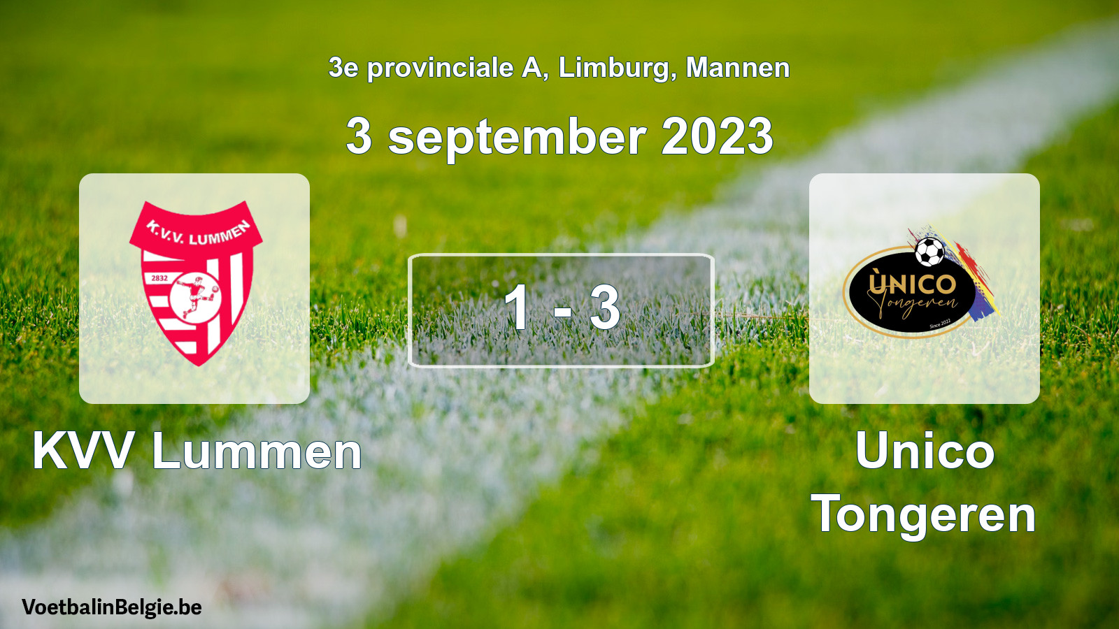 Match joué football hommes: KVV Lummen - Unico Tongeren 1 - 3 (3 septembre 2023)