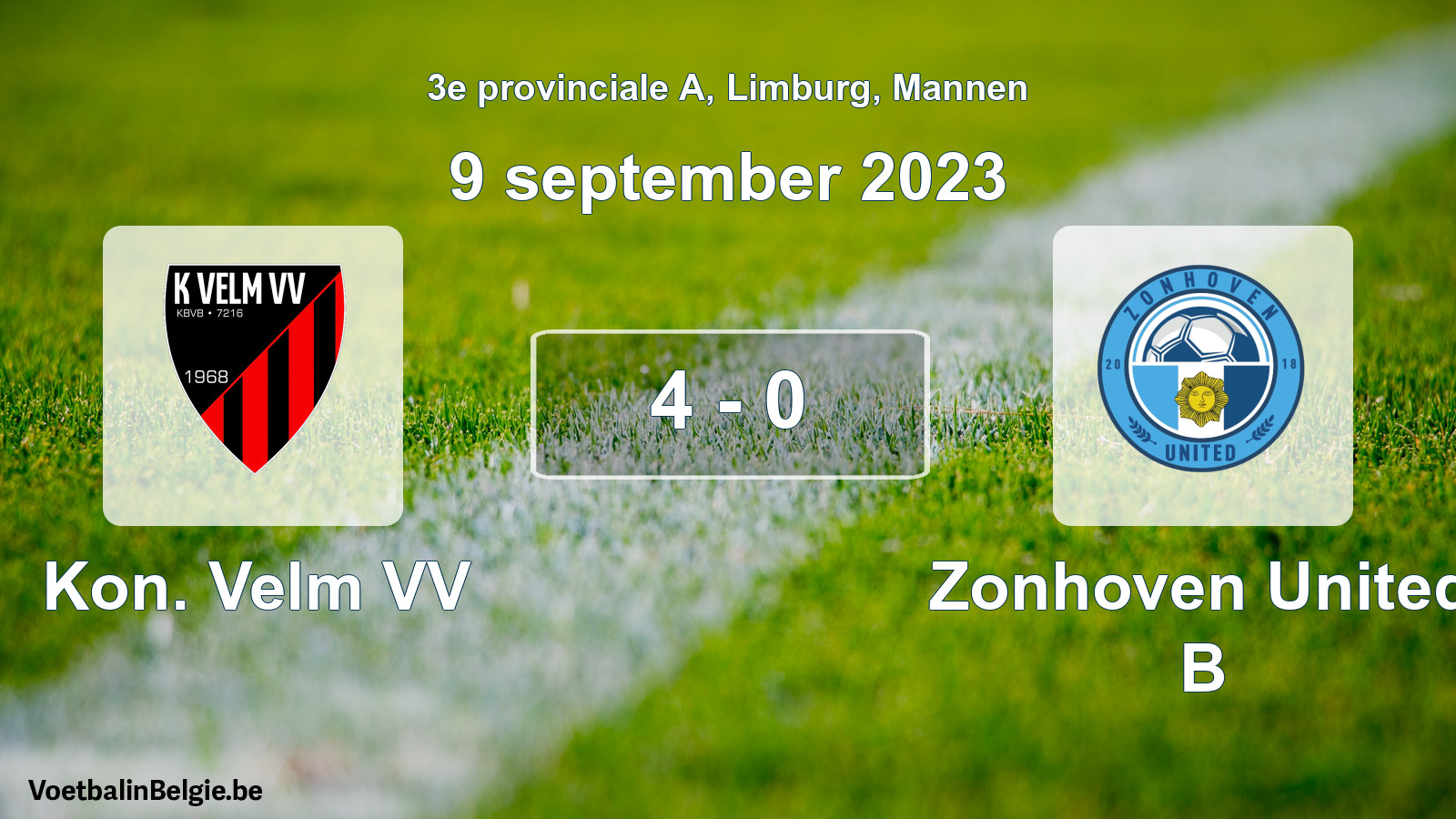 Gespeelde wedstrijd mannenvoetbal: Kon. Velm VV - Zonhoven United B 4 - 0 (9 september 2023)