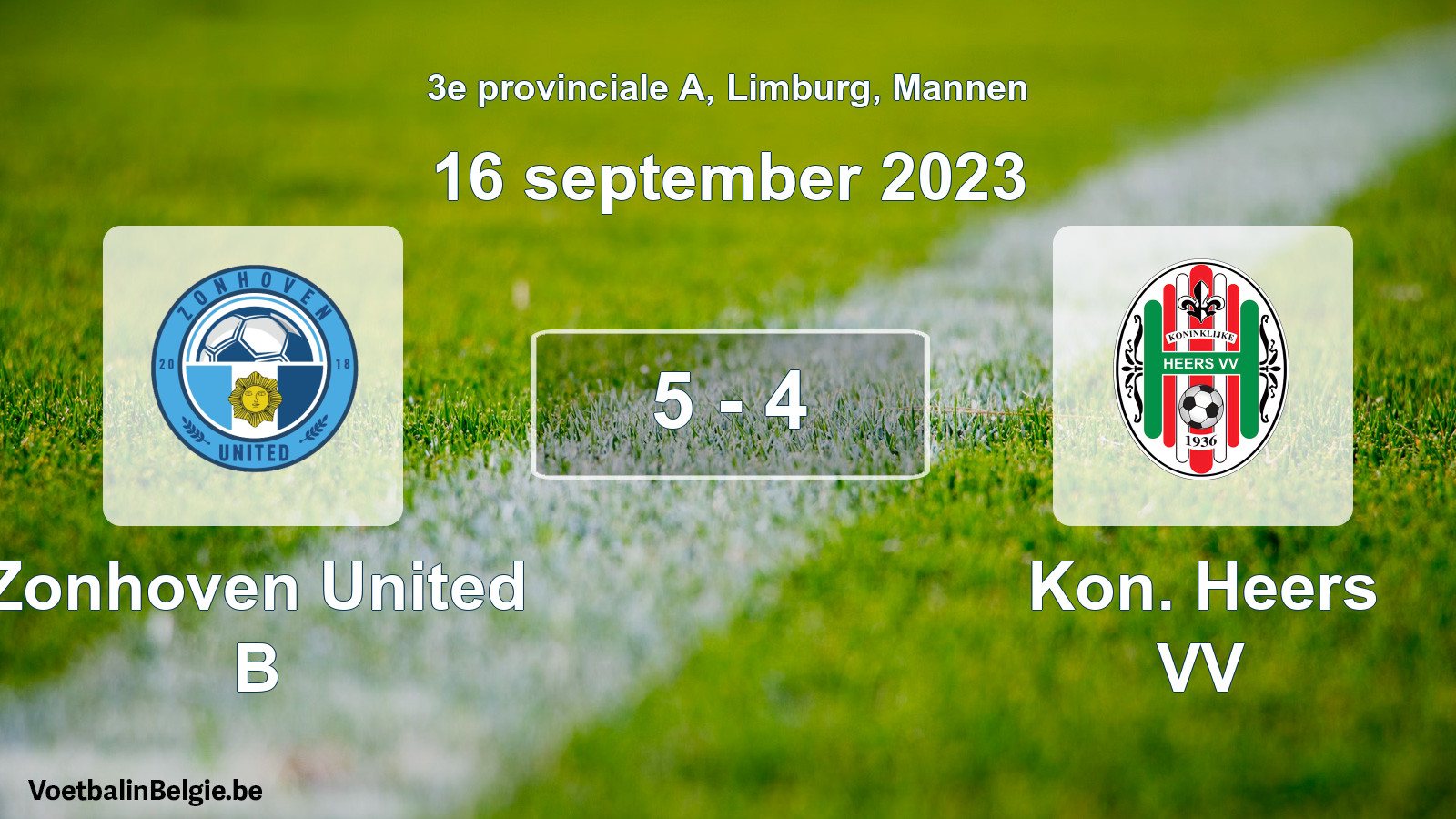 Gespeelde wedstrijd mannenvoetbal: Zonhoven United B - Kon. Heers VV 5 - 4 (16 september 2023)