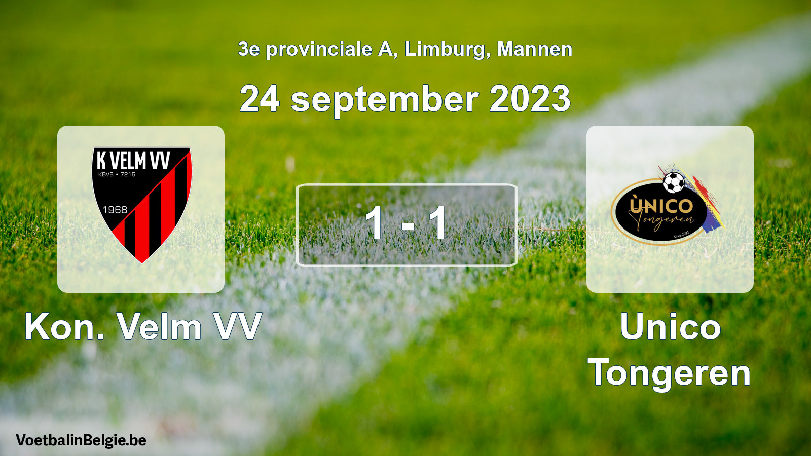 Gespeelde wedstrijd mannenvoetbal: Kon. Velm VV - Unico Tongeren 1 - 1 (24 september 2023)