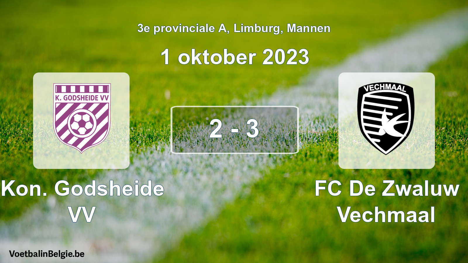 Gespeelde wedstrijd mannenvoetbal: Kon. Godsheide VV - FC De Zwaluw Vechmaal 2 - 3 (1 oktober 2023)