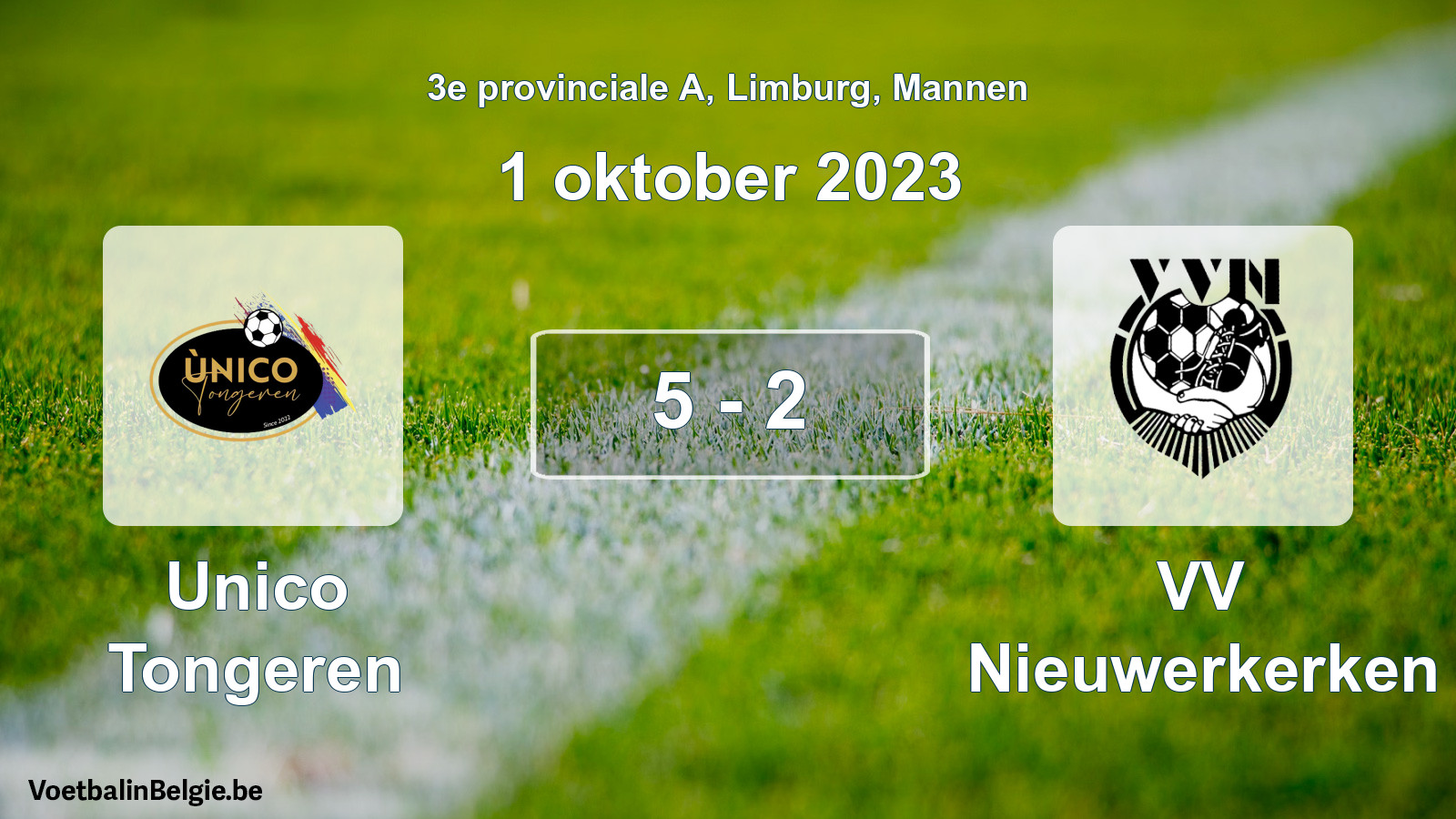 Gespeelde wedstrijd mannenvoetbal: Unico Tongeren - VV Nieuwerkerken 5 - 2 (1 oktober 2023)