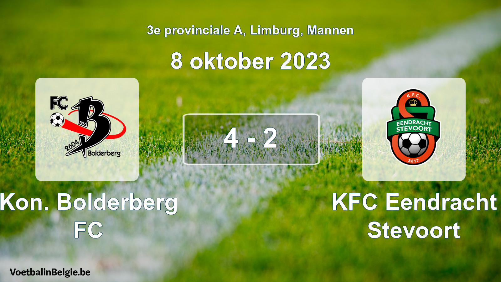 Gespeelde wedstrijd mannenvoetbal: Kon. Bolderberg FC - KFC Eendracht Stevoort 4 - 2 (8 oktober 2023)
